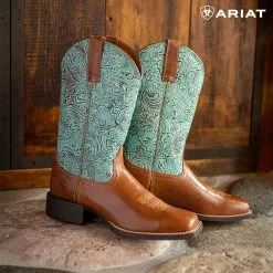 Ariat® Ladies Round Up Square Toe Brown & Turquoise Boots 10042534 -Wildwest Store 03234 F22 Sport RoundUp Social 1080x1080 Logo 1 FINAL