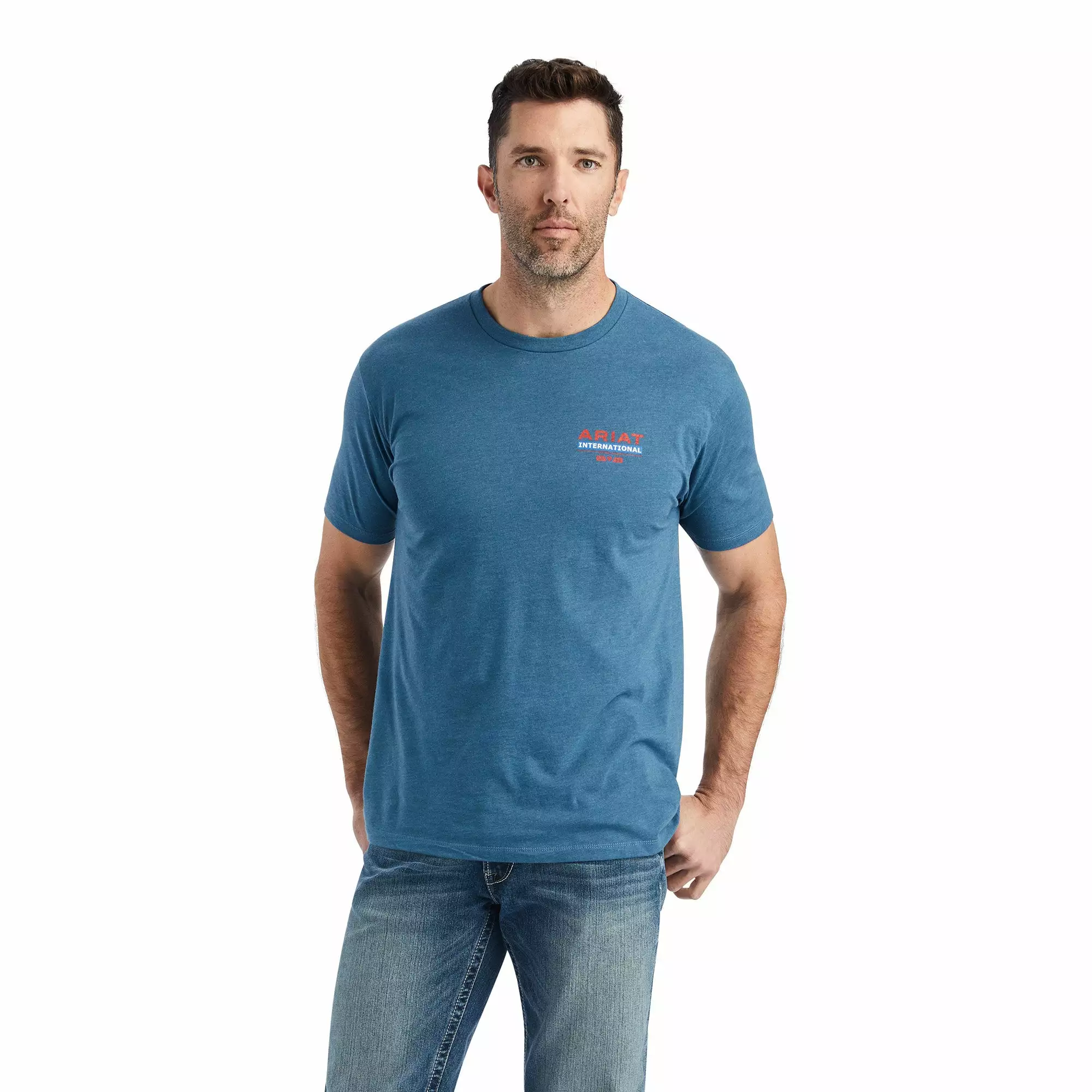 Ariat® Men's Flag Flow Steel Blue Heather Graphic T-shirt 10042758 Ariat® Men's Flag Flow Steel Blue Heather Graphic T-shirt 10042758 -Wildwest Store F22 MNS WEST 10042758 front