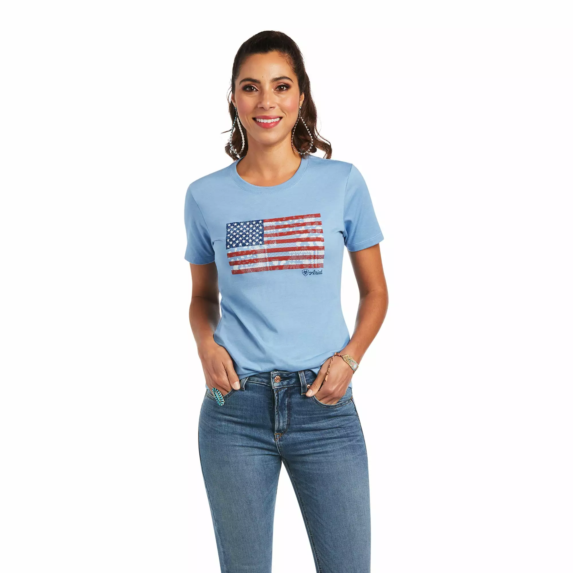 Ariat® Ladies Paisley Flag Light Blue Heather Graphic T-shirt 10040962 Ariat® Ladies Paisley Flag Light Blue Heather Graphic T-shirt 10040962 -Wildwest Store S22 WMS WEST 10040962 front