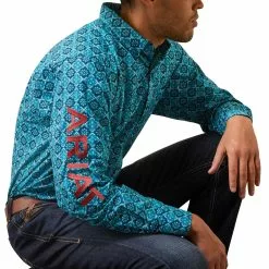 Ariat® Men's Team Solomon Blue Teal Button Down Shirt 10043853 -Wildwest Store S23 MNS WEST 10043853 detail01