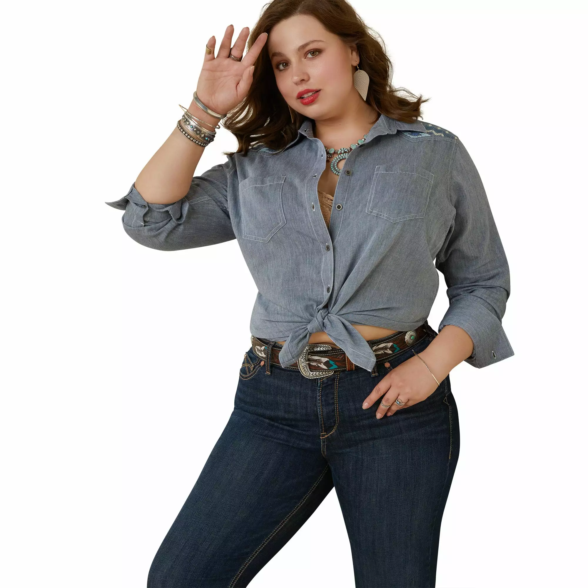 Ariat® Ladies R.E.A.L Billie Jean Embroidered Chambray Shirt 10043451 Ariat® Ladies R.E.A.L Billie Jean Embroidered Chambray Shirt 10043451 -Wildwest Store S23 WMS WEST 10043451 front plus